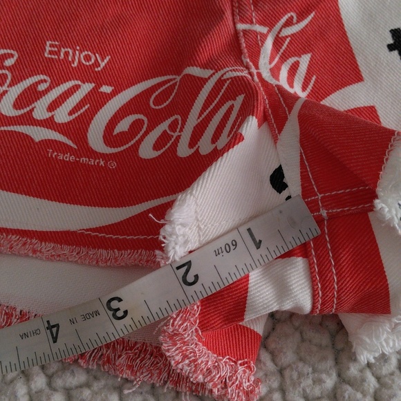 NWOT Coca Cola Small Logo Slogan Check Print Distressed Hem Jean Shorts - Picture 9 of 16